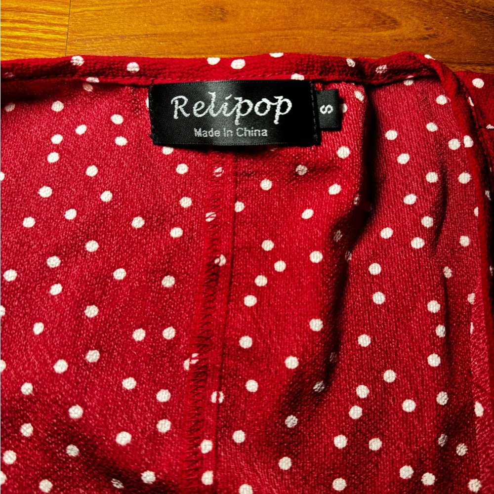 White Polka Dot Short Sleeve Red Ruffle Mini Wrap Dress - Picture 8 of 9
